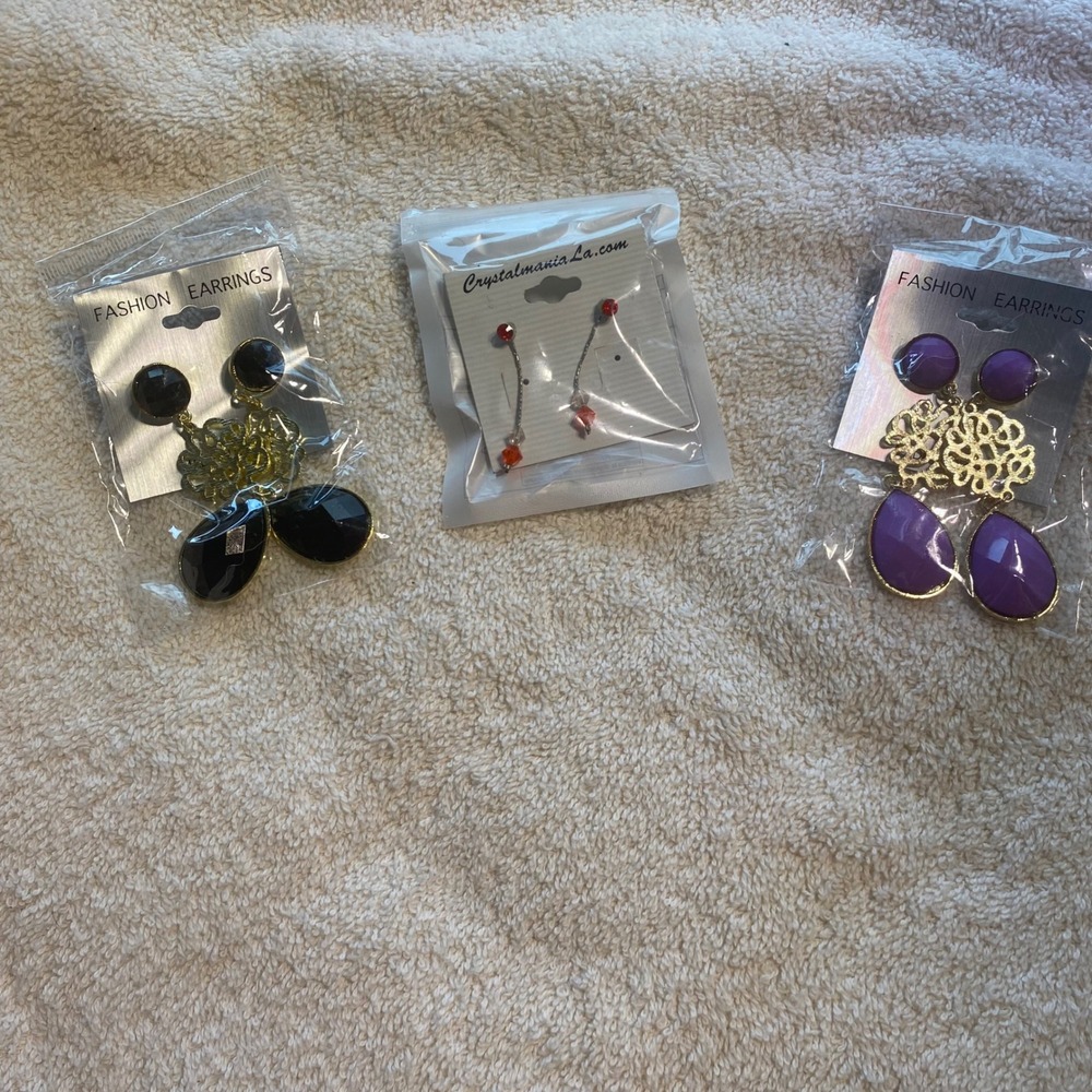 3 Pair Fashion Earring Bundle Purple Black Filigree Drop Red Crystal Dangle